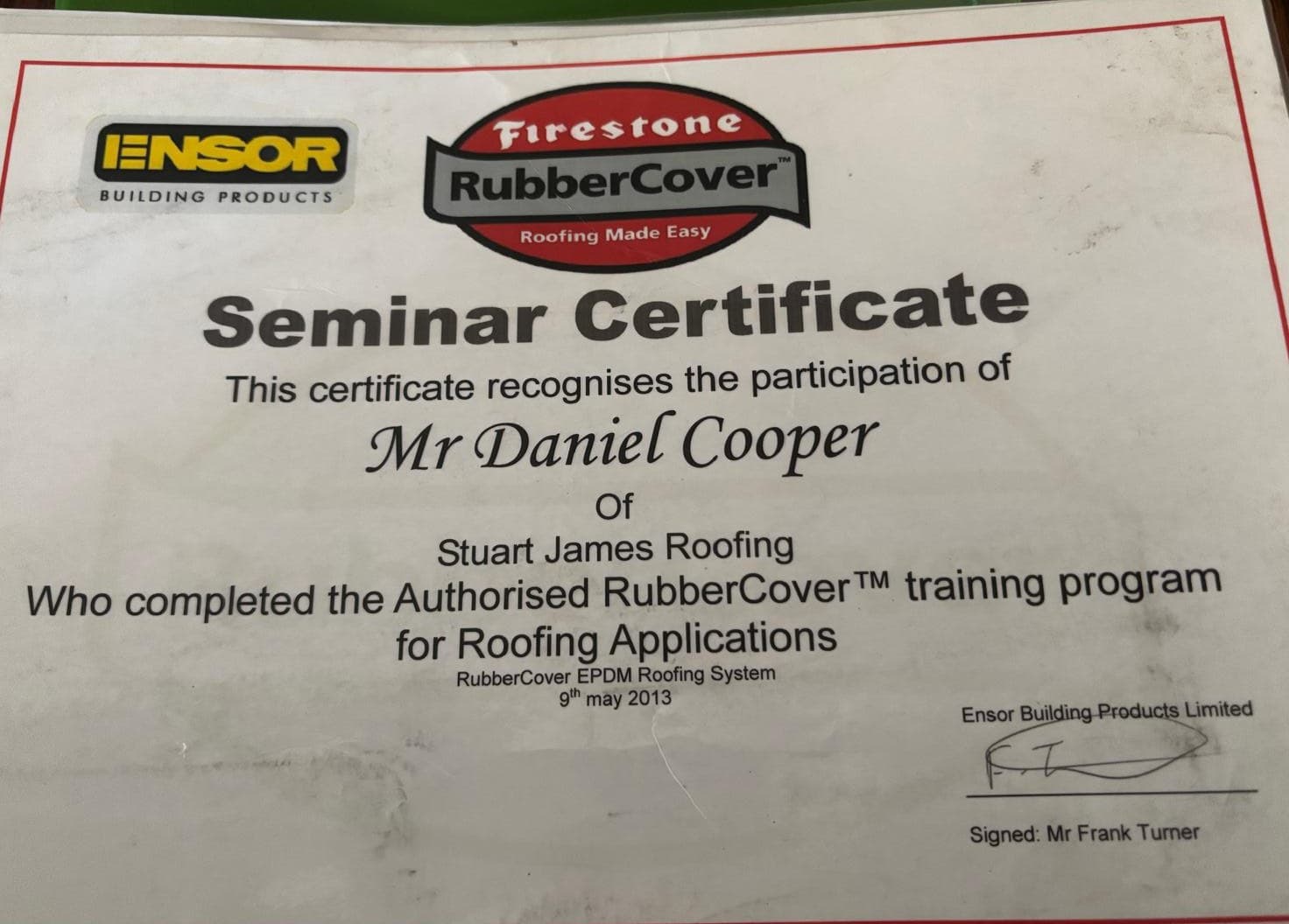 Firestone RubberCover authorised training certificate for Daniel Cooper EPDM roofing