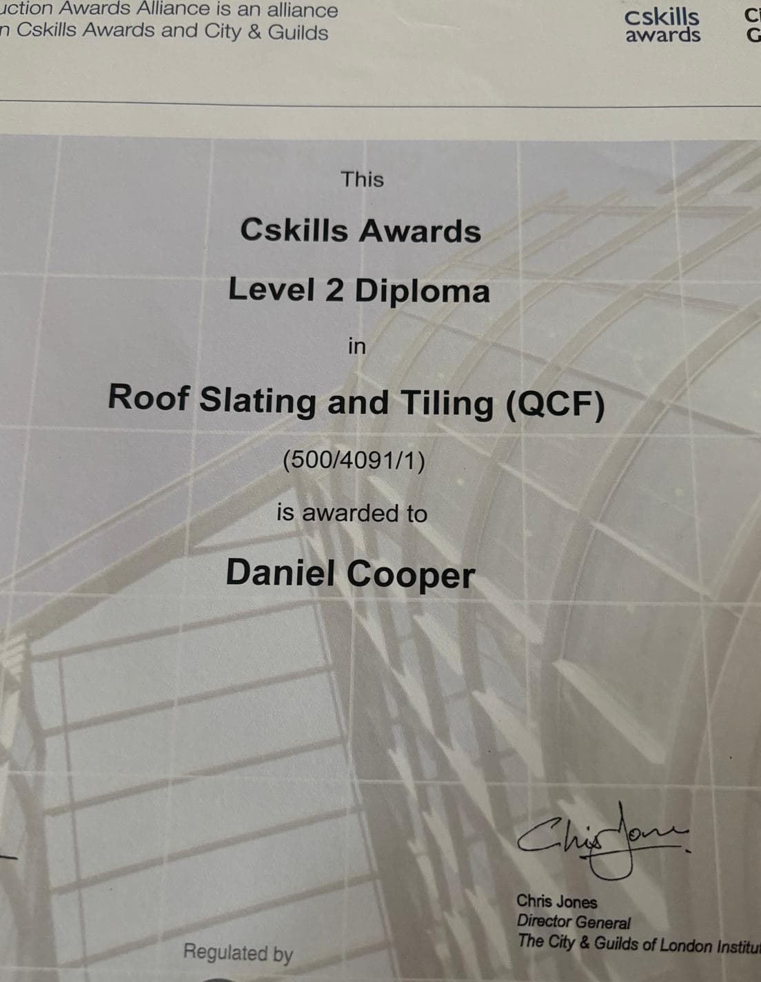 Cskills Level 2 Diploma in Roof Slating and Tiling for Daniel Cooper. City & Guilds backed qualification